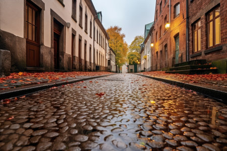 puddle on cobblestone street after rain, created with generative aiの素材