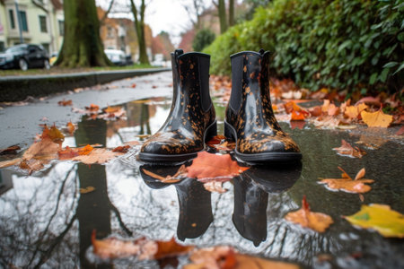 rain boots submerged halfway in puddle, created with generative aiの素材
