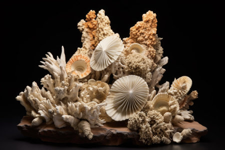 fossilized seashell cluster in rock formation, created with generative aiの素材