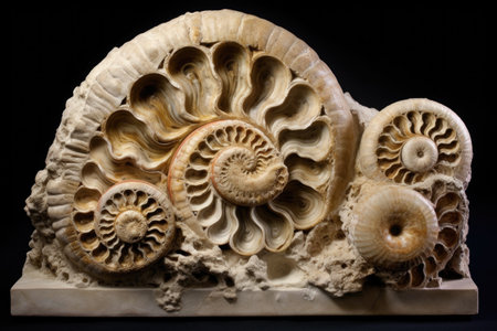 ammonite fossil spirals in a sedimentary rock, created with generative aiの素材