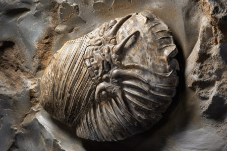 close-up of a trilobite fossil embedded in rock, created with generative aiの素材