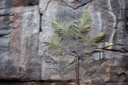 ancient plant imprints in a rock surface, created with generative aiの素材