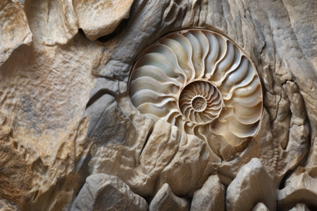 detail of nautilus shell fossil in a rock matrix, created with generative aiの素材