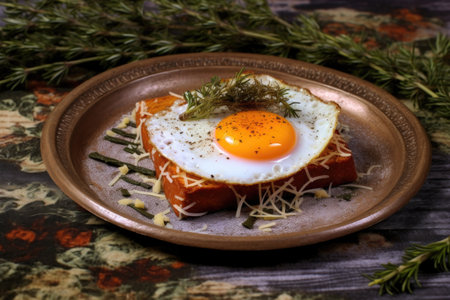 fried egg on toast with seasoning and herbs, created with generative aiの素材