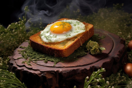 fried egg on toast with seasoning and herbs, created with generative aiの素材