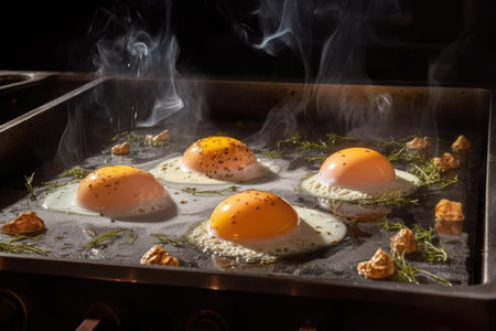 multiple eggs frying in a large griddle pan, created with generative aiの素材