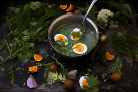 frying eggs with various herb garnishes, created with generative aiの素材