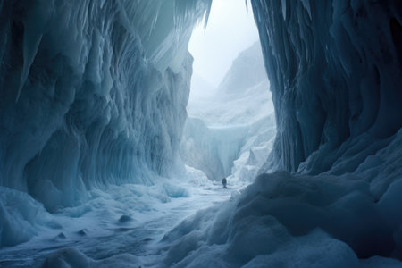 glacier crevasse filled with fog, creating a mysterious ambience, created with generative aiの素材
