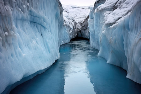 water flowing through a glacier crevasse, showing melting process, created with generative aiの素材