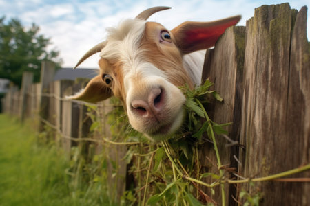 playful goat headbutting fence, surrounded by grass, created with generative aiの素材