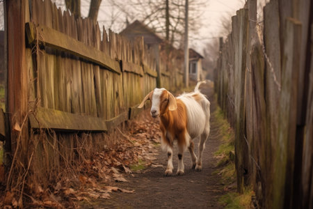 goat and fence interaction in rural area, created with generative aiの素材