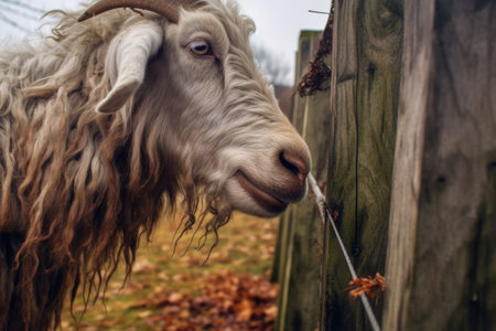 close-up of goat headbutting old wooden fence, created with generative aiの素材