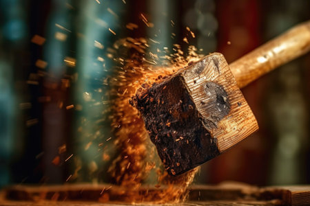 hammer in motion, blurred, as it hits a nail in wood, created with generative aiの素材