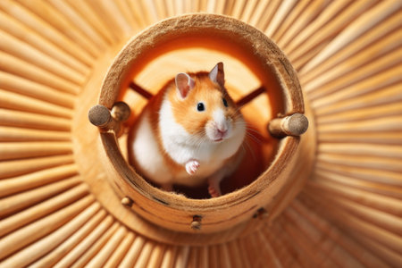 top view of a hamster on a wooden wheel, created with generative aiの素材