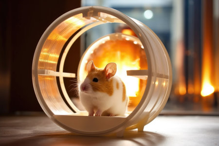 empty hamster wheel in a well-lit cage, awaiting a furry friend, created with generative aiの素材