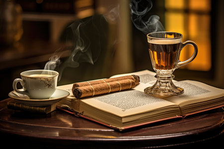 rolling cigarette with coffee cup and book in background, created with generative aiの素材