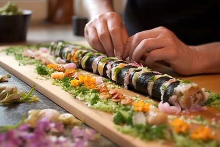 sushi roll in progress, filling in place, created with generative aiの素材