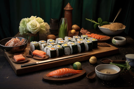 rolled sushi on board, knife nearby, created with generative aiの素材