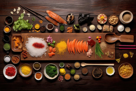 deconstructed sushi ingredients on a wooden table, created with generative aiの素材