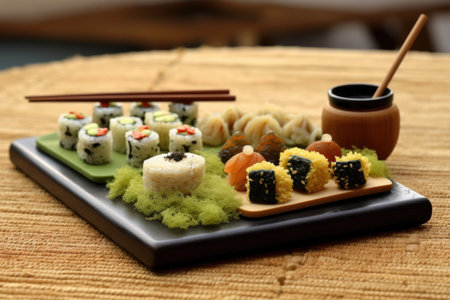 sushi rolls, wasabi, and ginger on wooden tray, created with generative aiの素材