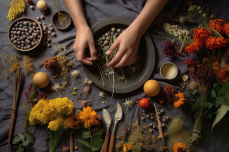 hands with planting guide, seeds, and tools, created with generative aiの素材