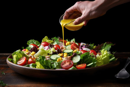 hands drizzling dressing on a fresh mixed salad, created with generative aiの素材