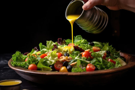 hands drizzling dressing on a fresh mixed salad, created with generative aiの素材