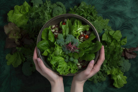 overhead view of salad bowl with hands tossing greens, created with generative aiの素材