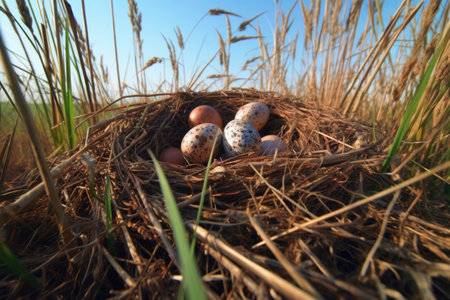 hens-eye view of a nest full of eggs in a grassy field, created with generative aiの素材