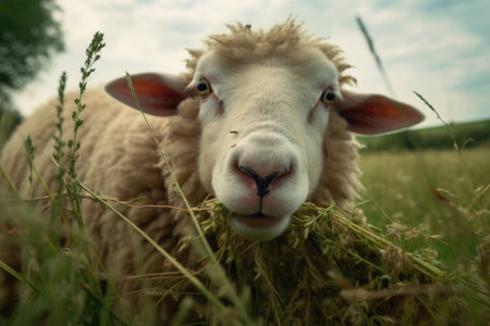 close-up of sheep eating grass in meadow, created with generative aiの素材