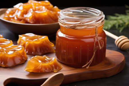 close-up of kombucha scoby in glass jar with tea, created with generative aiの素材