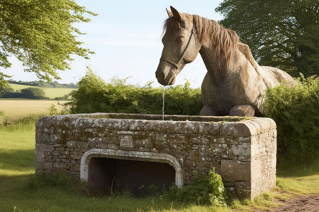 stone horse drinking trough in countryside setting, created with generative aiの素材