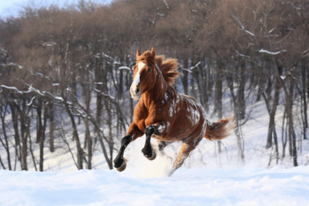 energetic horse galloping in snow-covered field, created with generative aiの素材