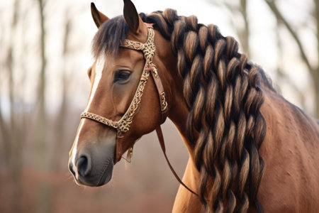 braided mane on a well-groomed horse, created with generative aiの素材