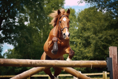 close-up of horse jumping over a wooden hurdle, created with generative aiの素材