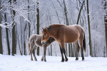 horse nuzzling foal in the snow during winter, created with generative aiの素材