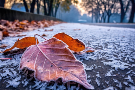 sparkling frost on fallen leaves by sidewalk, created with generative aiの素材