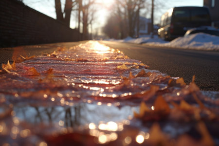 sunlight reflecting off icy pavement, creating bokeh, created with generative aiの素材