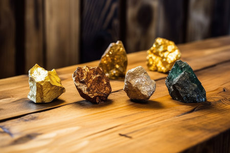 rough textured gold ore samples on a wooden table, created with generative aiの素材