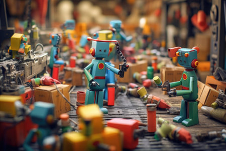 colorful toy assembly line with robots at work, created with generative aiの素材
