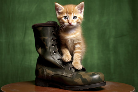 kitten sitting proudly inside a military boot, created with generative aiの素材