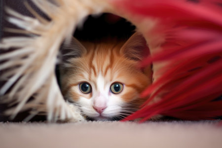 kitten hiding behind object, stalking feather toy, created with generative aiの素材