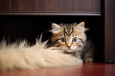 kitten hiding behind furniture, eyes on feather, created with generative aiの素材