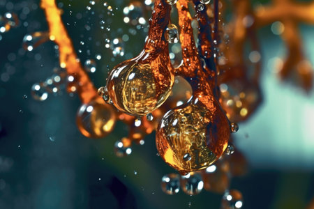 close-up of water droplets spraying from hose leak, created with generative aiの素材