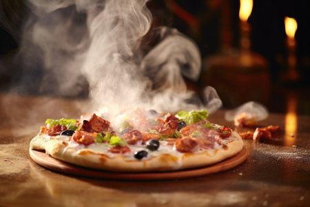 steam rising from freshly baked pizza, created with generative aiの素材