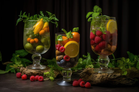 cocktail glasses with fruits and herbs garnish, created with generative aiの素材