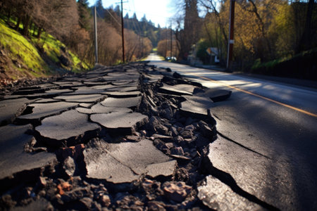 cracked asphalt from mudslide force, created with generative aiの素材