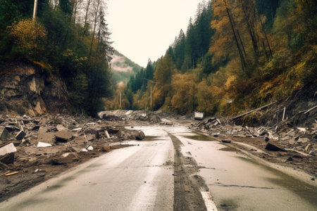 destroyed road with debris and mud from landslide, created with generative aiの素材