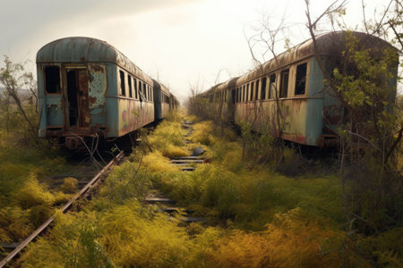 vintage train carriages overturned in a remote area, created with generative aiの素材