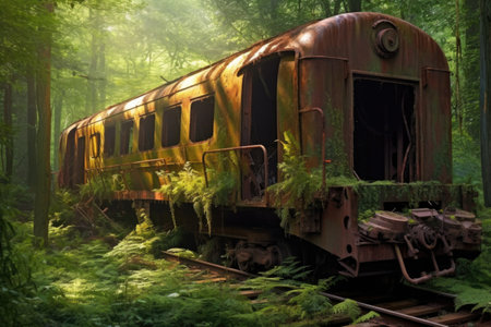 rusty, derailed train car in a forest setting, created with generative aiの素材